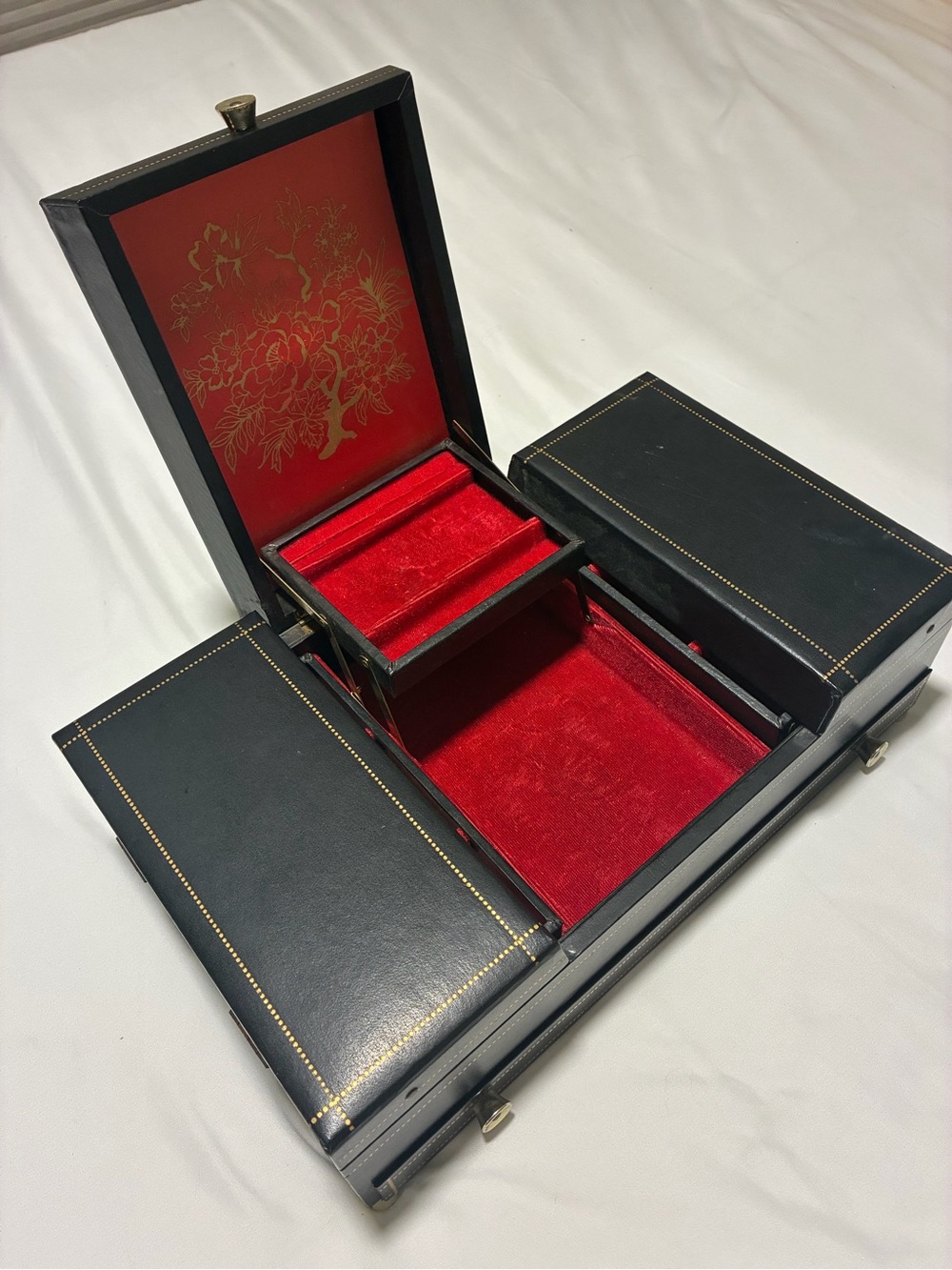 Vintage Black Leatherette Jewelry Box with Red Velvet Interior